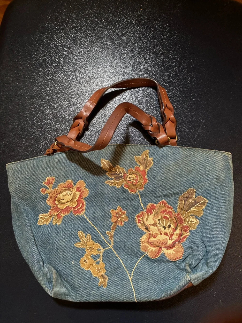 Fossil Denim Tote with Brown Leather Handles and Floral Embroidery